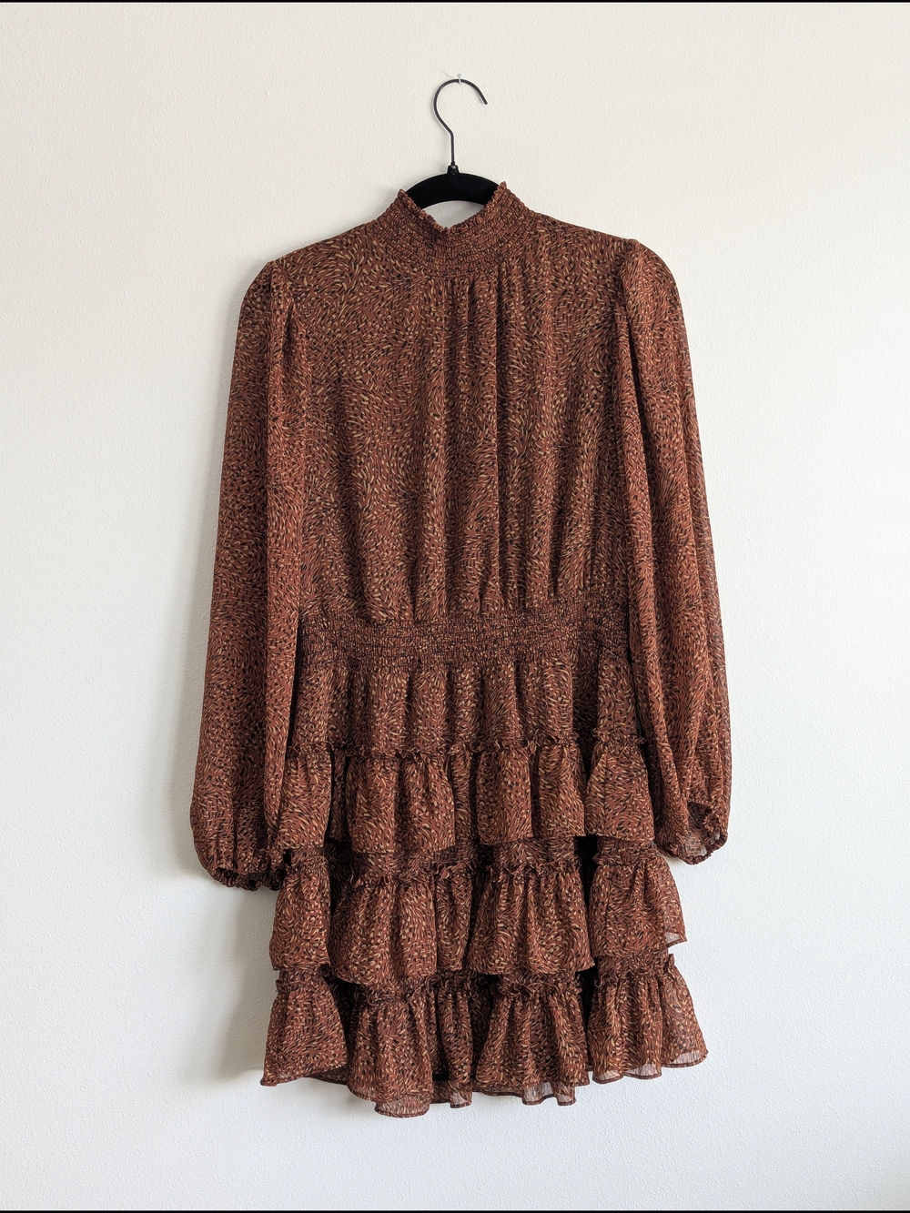 Express Brown/Burnt-Orange Tiered Ruffle Long-Sleeve Dress